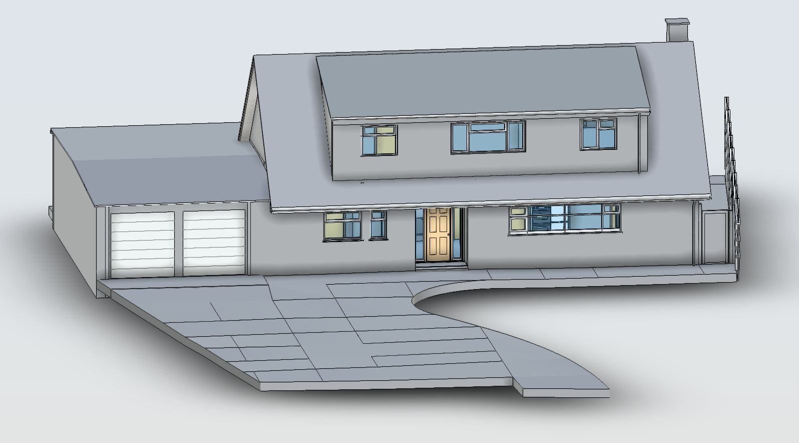 Sample Revit model: 3D view of a detached house with garage and driveway